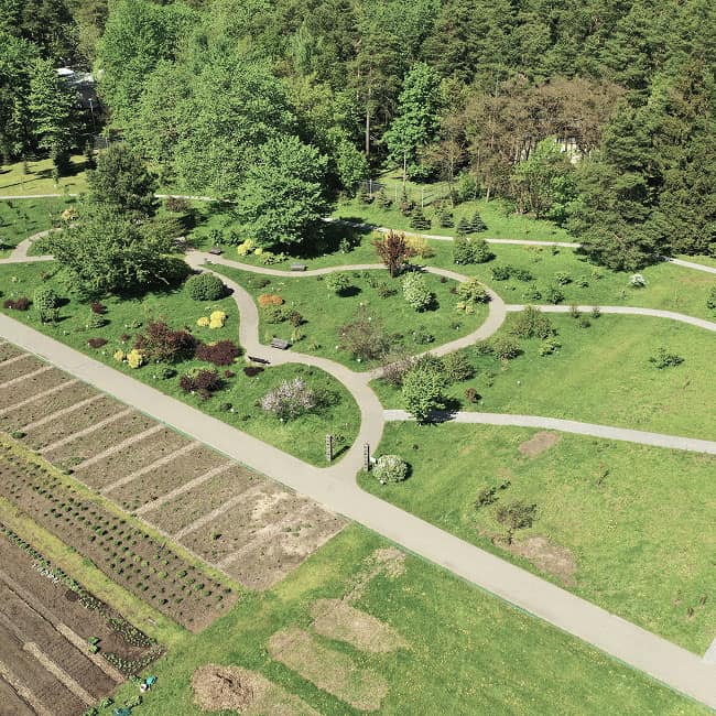 Aerial view of landscaped garden with pathways and lush greenery by JDO's Landscaping.
